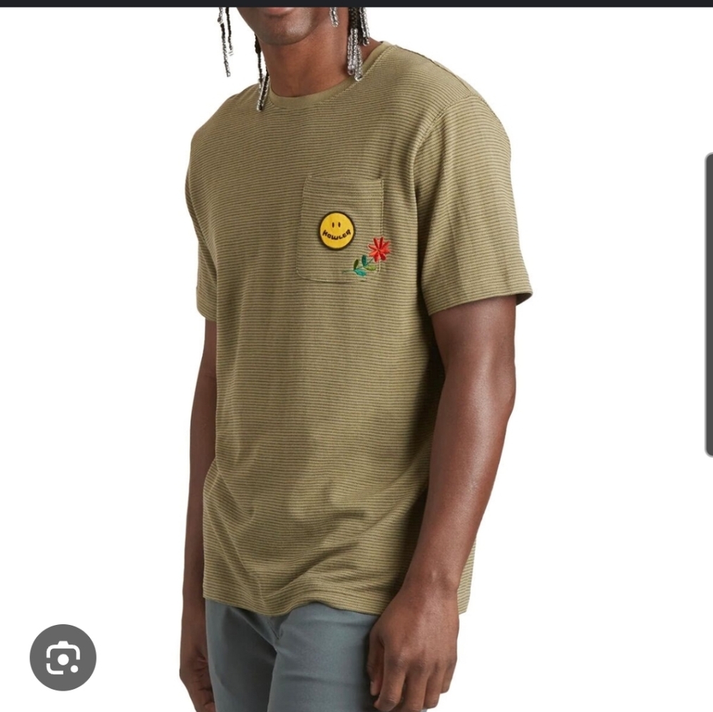 Howler Bros Jacquard Tshirt Olive Green Medium Smiley Face Pocket Patch